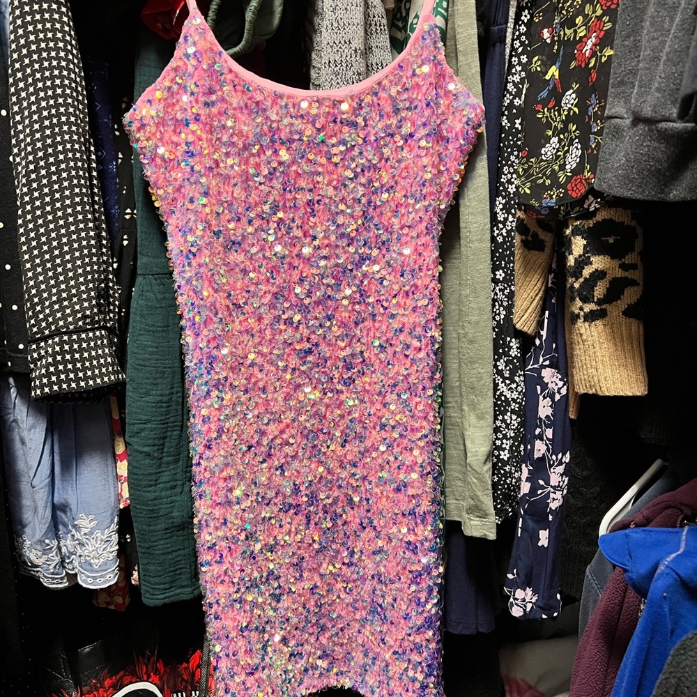 Pink sequin formal dress, Lucy in the sky